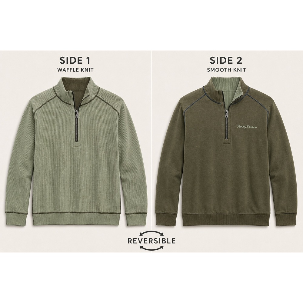 Tommy Bahama Mens Reversible Quarter Zip Pullover Waffle Knit Green Jumper Large